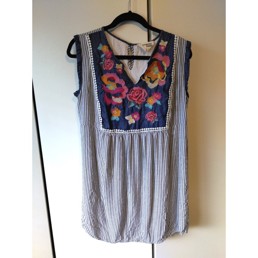 Savanna Jane Floral Embroidered Tunic Top Size L Boho Blue Stripe Sleeveless